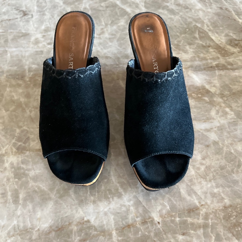 Franco Sarto Black Suede Cork Wedge Slip on Platform Sandals Size 9.
